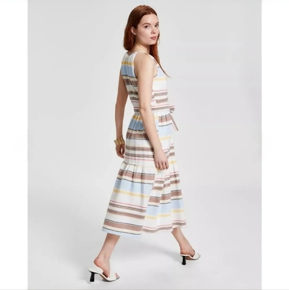 DKNY Cotton Halter Neckline Belt Sleeveless Midi Ivory Multicolor Dress Size 18W - Picture 9 of 12